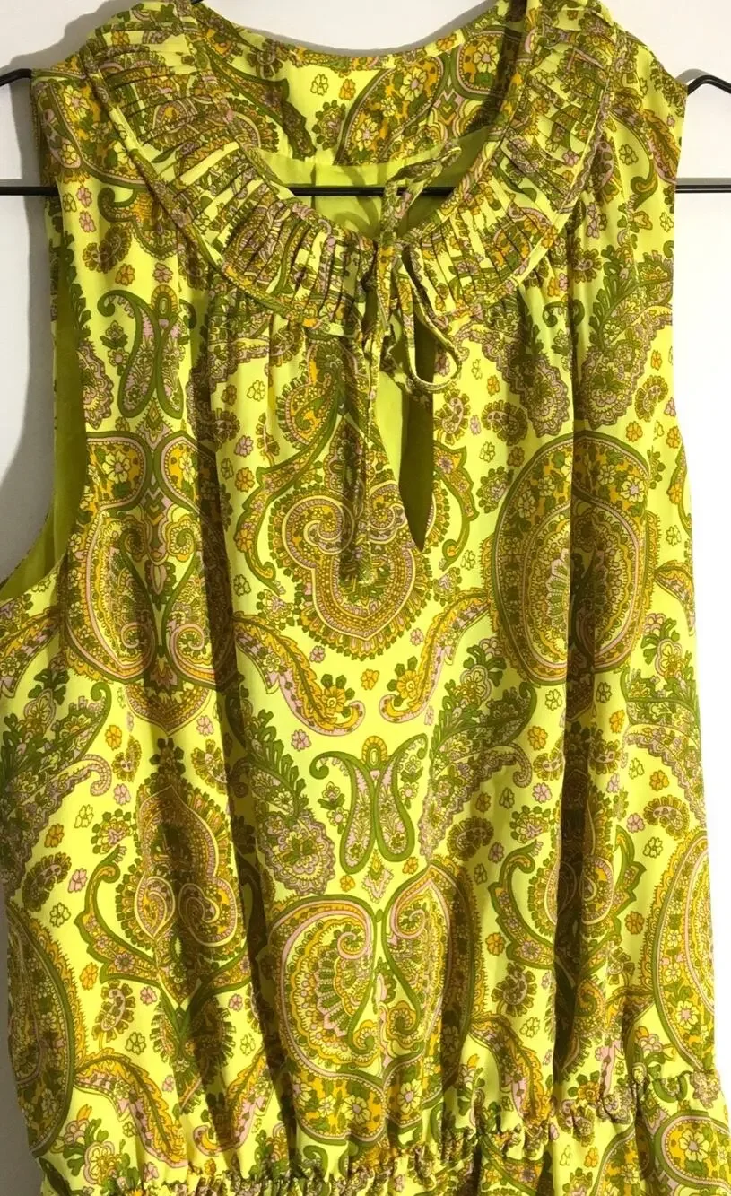Banana Republic Women's Size Medium Yellow & Pink Paisley Pleated Neck Dress